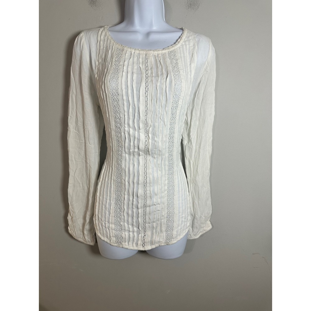 Gap Women White Pintuck Pleated Lace Trim Gauze Boho Peasant Blouse Size M